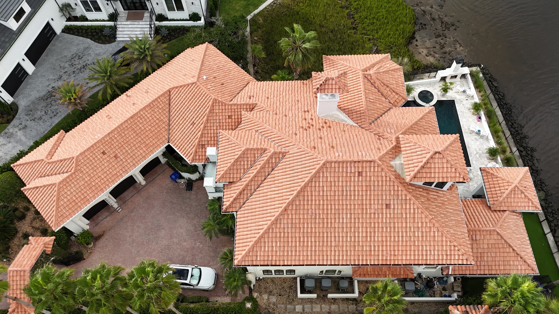 Aerial view of a tile roof after professional cleaning